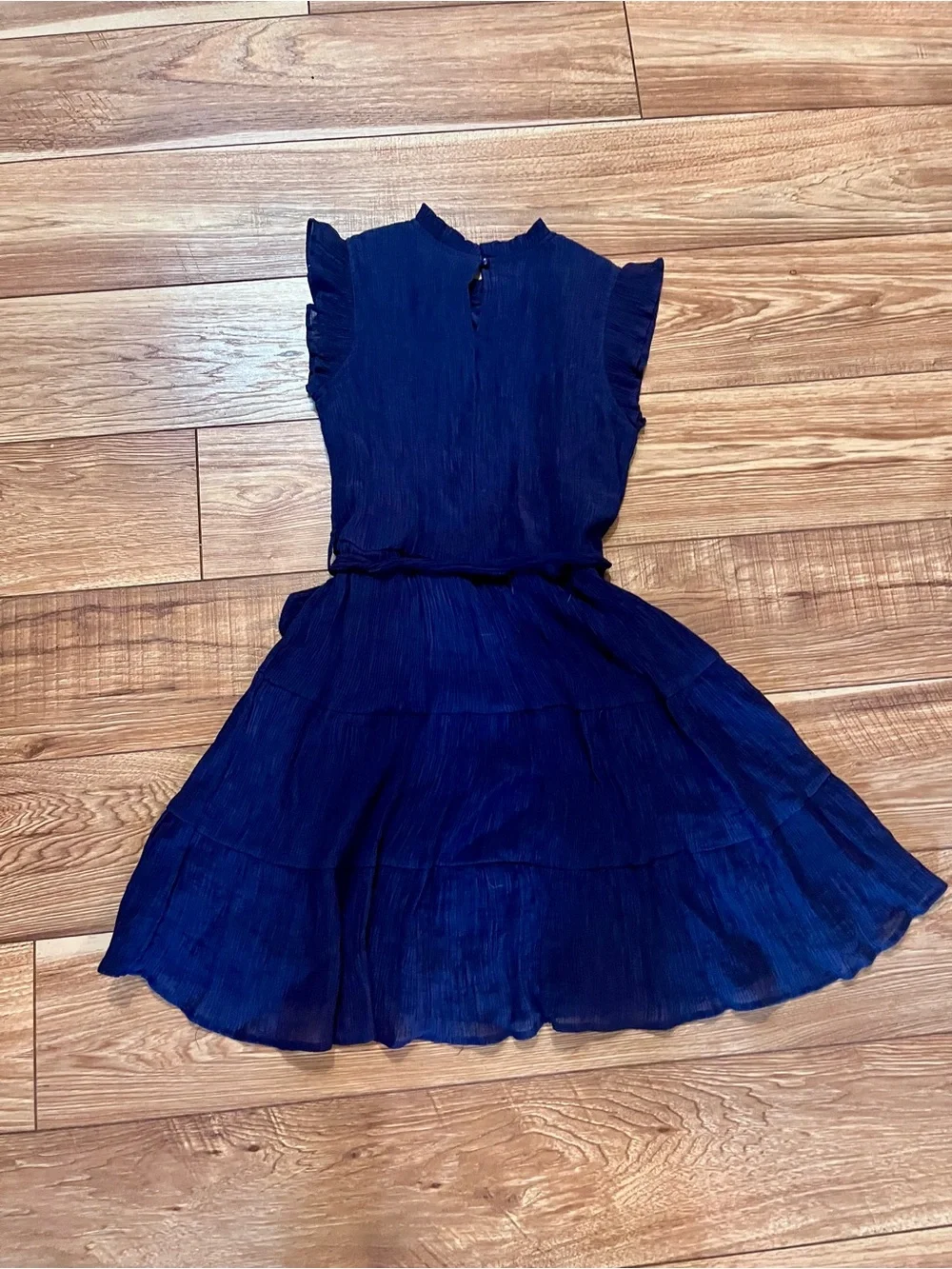 Girl’s Navy Sleeveless Ruffled Belted Dress